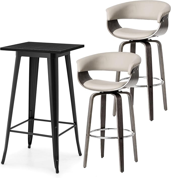 Glitzhome Bar Table and Chairs, Gray PU Leather Adjustable Swivel Bar Stools Set of 2, Square Black Cocktail Pub Table for Kitchen Island Bistro Office Living Room Dining Room Small Space