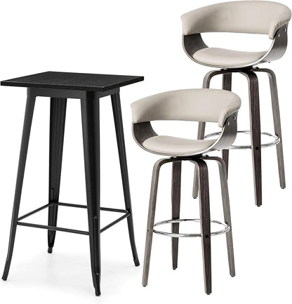Glitzhome Bar Table and Chairs, Gray PU Leather Adjustable Swivel Bar Stools Set of 2, Square Black Cocktail Pub Table for Kitchen Island Bistro Office Living Room Dining Room Small Space