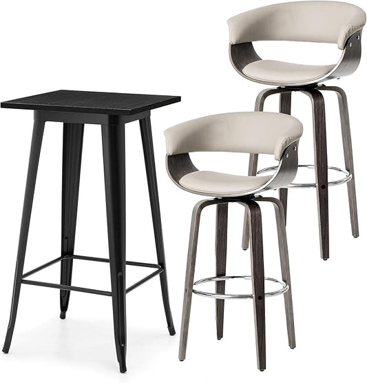 Glitzhome Bar Table and Chairs, Gray PU Leather Adjustable Swivel Bar Stools Set of 2, Square Black Cocktail Pub Table for Kitchen Island Bistro Office Living Room Dining Room Small Space