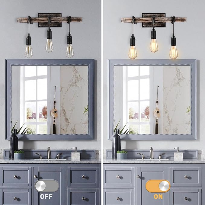 3 Lights Vintage Wall Sconce, Farmhouse Industrial Bare Bulb Wire Wrapped Wood Beam Linear Bathroom Vanity Light