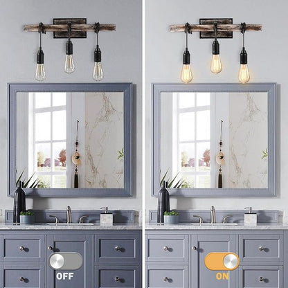 3 Lights Vintage Wall Sconce, Farmhouse Industrial Bare Bulb Wire Wrapped Wood Beam Linear Bathroom Vanity Light