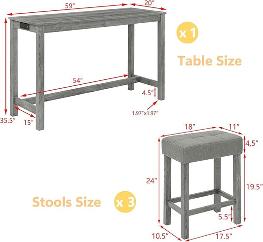 Merax 59" Bar Table Set with Power Outlet,Industrial Breakfast Table with 3 Upholstered Stools w/Footrest,4 Piece Counter Height Bar Table and Chair Set for Living Room,Dining Room,Kitchen,Grey
