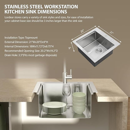 Lordear Drop In Outdoor Kitchen Sink Workstation with Pull-out Faucet 21" x 20" Bar Prep Sink 16 Gauge Stainless Steel Single Bowl Small Kitchen Camper Wet Bar Mobile Home RV Basin with Cover