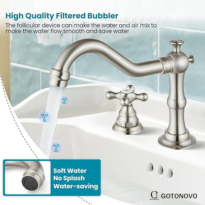 gotonovo Bathroom Faucet 3 Hole 8 Inch Widespread Bathroom Sink Faucet 2 Cross Handles Vintage Lavatory Vanity Mixer Tap with Pop Up Drain, H C Label, Brushed Nickel