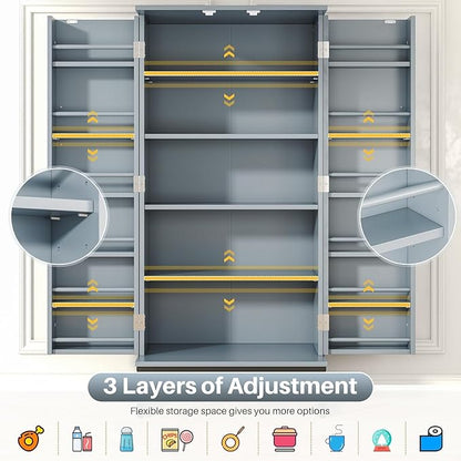 kepptory 51" Kitchen Pantry Storage Cabinet, Freestanding Pantry Cabinets with Doors andAdjustable Shelves, Buffet Cupboards Storage Cabinet for Home Office Use, DinningRoom(Grey)