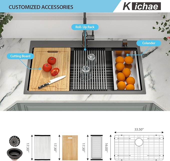 Kichae 36 Black Kitchen Sink Drop In - 36x22 Drop Sink Gunmetal Black Stainless Steel 16G Single Bowl Kitchen Sinks Workstation Handmade Topmount Basin