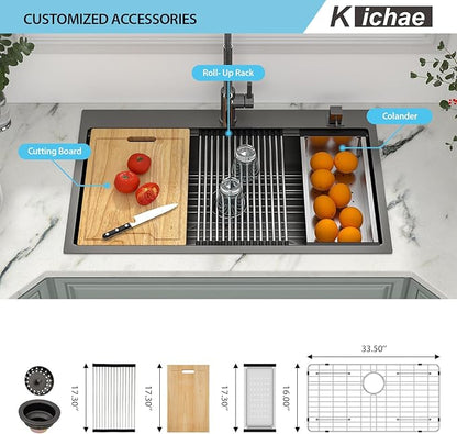 Kichae 36 Black Kitchen Sink Drop In - 36x22 Drop Sink Gunmetal Black Stainless Steel 16G Single Bowl Kitchen Sinks Workstation Handmade Topmount Basin