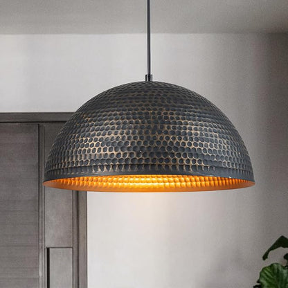 Lingkai 15.7 in. Black and Gold Hammered Pendant Light Fixtures, Industrial Metal Dome Shade, Pendant Lights Kitchen Island, Pendant Light for Kitchen Island and Dining Room