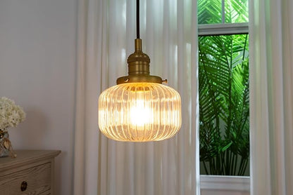 Yosoan Indoor Vintage Edison Hanging Pendant Light, 1-Light Hardwired Modern Vanity Light Industrial Semi Flush Mount Lamp Striped Ribbed Glass Shade for Kitchen Table Bar Island(Antique)