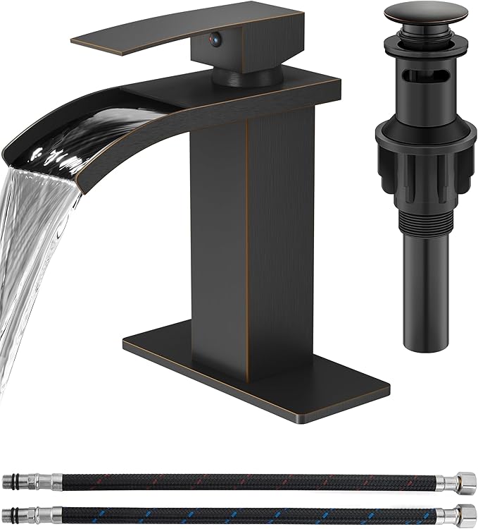 Waterfall Bathroom Faucet 1 Hole, Single Hole Bathroom Faucet, Single Handle Vanity Sink Faucet with Deck Plate, Pop-up Drain & Supply Lines, Oil Rubbed Bronze