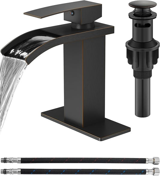 Waterfall Bathroom Faucet 1 Hole, Single Hole Bathroom Faucet, Single Handle Vanity Sink Faucet with Deck Plate, Pop-up Drain & Supply Lines, Oil Rubbed Bronze