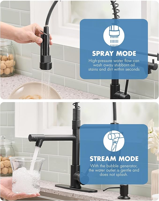 AIMADI Black Kitchen Faucet with Pull Down Sprayer,Stainless Steel Spring Kitchen Sink Faucet with Soap Dispenser,Modern Single Handle Faucets for Farmhouse,Camper,Laundry,RV,1or 3 Hole