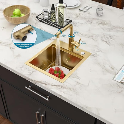 Gold Bar Sink With Faucet Drop In Bar Sinks 15x17 Inch Stainless Steel Indoor Outdoor Kitchen Workstation16 Gauge Single Bowl Small Sinks With Pull-out Faucet 15"x17"x9"