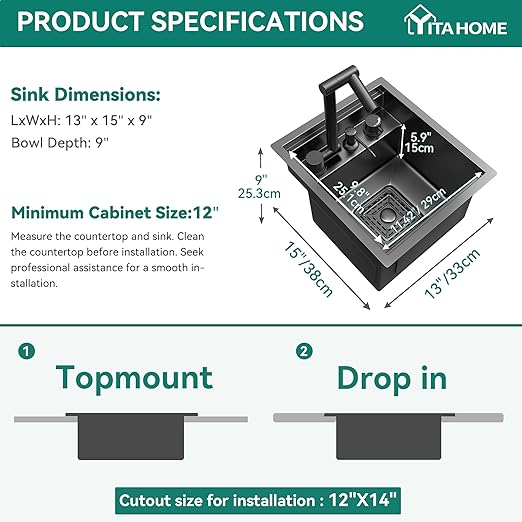 YITAHOME RV Kitchen Black Sink 13 x 15 x 9 Inch, Undermount Gunmetal Black Stainless Steel Single Bowl Small Sink with Swivel Spout, Cutting Board, Soap Dispenser