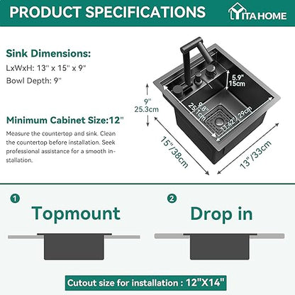 YITAHOME RV Kitchen Black Sink 13 x 15 x 9 Inch, Undermount Gunmetal Black Stainless Steel Single Bowl Small Sink with Swivel Spout, Cutting Board, Soap Dispenser