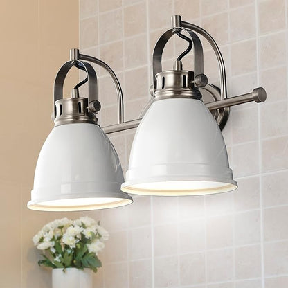 JONATHAN Y 16.25" White/Nickel 2-Light LED Vanity Light, Adjustable Wall Sconce for Bathroom Mirror, Farmhouse Bohemian Kitchen Light, Iron Black Bell Shade (JYL1115B)
