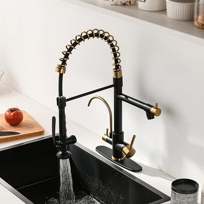 Fapully Commercial Kitchen Faucet with Pull Down Sprayer and Water Filter, Matte Black&Brushed Gold 3 in 1 Kitchen Faucets with Drinking Water Faucet for Kitchen Sink