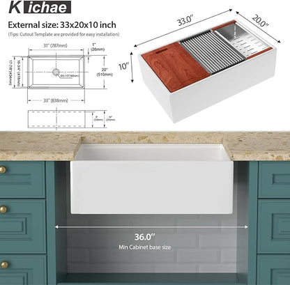Kichae 33 White Farmhouse Sink Workstation - 33 x 20 Flat Apron Front Farmhouse Kitchen Sink Farm Farmer Porcelain Fireclay Ceramic Ledge Workstation Single Bowl Basin