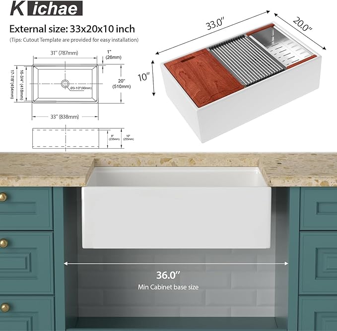 Kichae 33 White Farmhouse Sink Workstation - 33 x 20 Flat Apron Front Farmhouse Kitchen Sink Farm Farmer Porcelain Fireclay Ceramic Ledge Workstation Single Bowl Basin