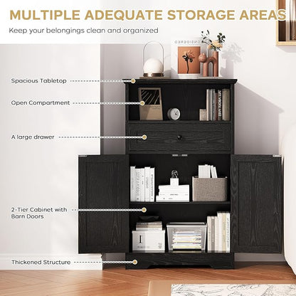 Floor Cabinet, Farmhouse Storage Cabinet with Barn Doors and Drawer, Freestanding Adjustable Shelf Organizer for Bathroom, Kitchen, Living Room Black