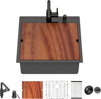 21 Inch Outdoor Kitchen Sink with Faucet- Beslend Gunmetal Black 21x20 Drop In Outdoor Bar Sink, 16 Gauge Stainless Steel Kitchen Sinks Workstation Single Bowl Above Counter Indoor Outdoor