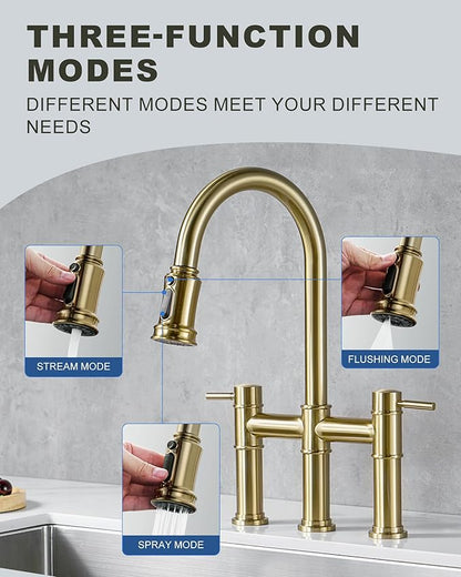 Bridge Faucet for Kitchen Sink: iVIGA Gold Farmhouse 3 Hole Kitchen Faucet with Pull Down Sprayer (3 Spray Modes) - 2 Handle High Arc Brass Faucet with 360° Swivel, with Supply Lines