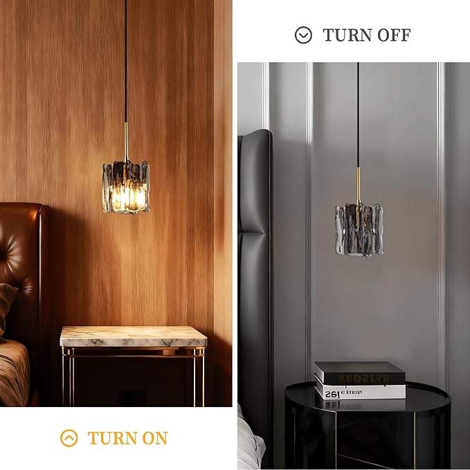 Modern Vintage Mid-Century Single Pendant Light, Mini Hanging Ice-Textured Glass Ceiling Light Fixture for Kitchen Island Lighting Over Dining Room, Bedroom, Bar Lamp (2 Pack)