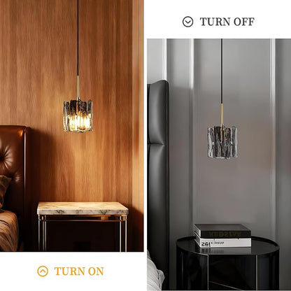 Modern Vintage Mid-Century Single Pendant Light, Mini Hanging Ice-Textured Glass Ceiling Light Fixture for Kitchen Island Lighting Over Dining Room, Bedroom, Bar Lamp (2 Pack)