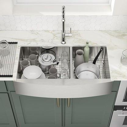 Logmey 36 Inch Double Bowl Farmhouse Kitchen Sink 36x20x9 Inch 60/40 Farm Apron Front Nano Coating Stainless Steel 16 Gauge Handmade Undermount Kitchen Sink