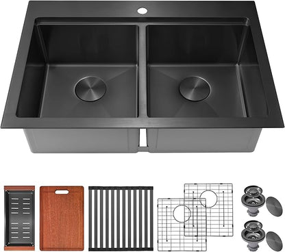 MILOSEN 36 Inch Black Double Bowl Kitchen Sink, 36''x22'' Black Drop in 16 Gauge T304 Stainless Steel Sinks, Workstation Sink 50/50 Topmount Double Basin with Accessories, 10'' Deep and Large Sinks