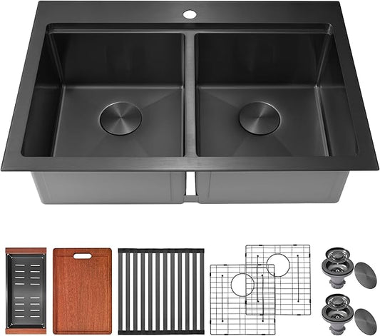 MILOSEN 36 Inch Black Double Bowl Kitchen Sink, 36''x22'' Black Drop in 16 Gauge T304 Stainless Steel Sinks, Workstation Sink 50/50 Topmount Double Basin with Accessories, 10'' Deep and Large Sinks