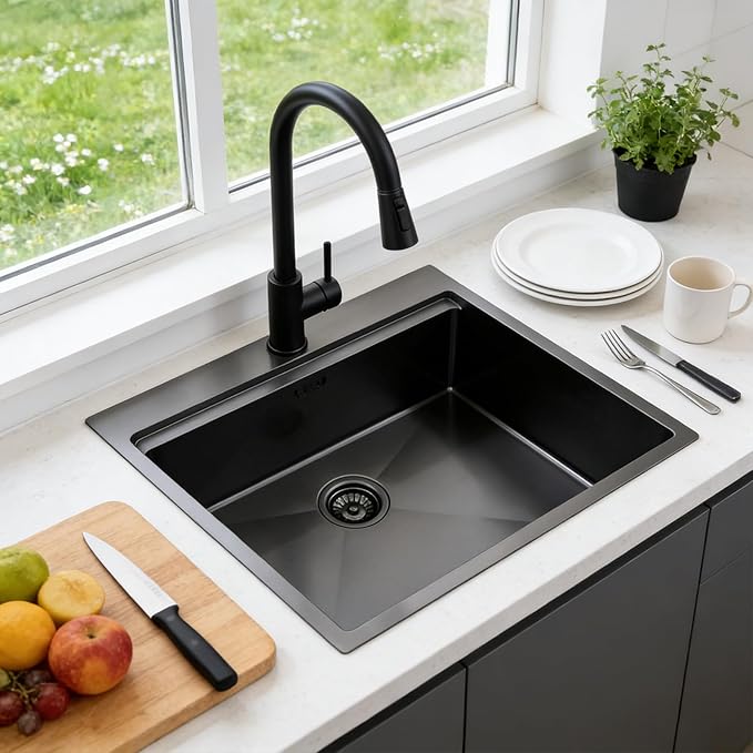 IKEBANA 21x20 inch Black Kitchen Sink, 21 inch Drop in Bar Sink, Stainless Steel 16 Gauge Small Topmount Workstation Sinks, Single Bowl Kitchen Sinks for Prep Rv Laundry Wet Bar With Accessories