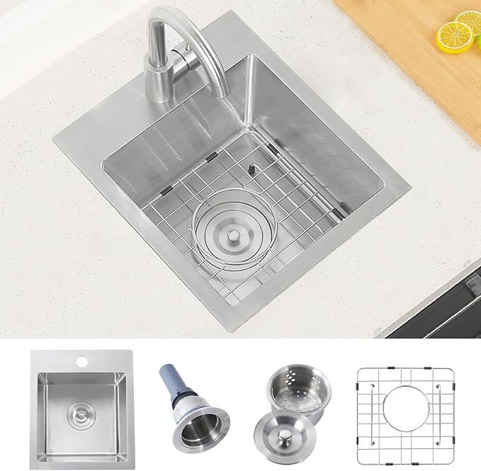 Hotis Drop in Bar Sink, 13 x 15 Inch Topmount RV Small Kitchen Wet Bar Sink, Stainless Steel Small Kitchen Sinks Brushed Nickel for Laundry Wet Bar Prep RV Office Outdoor Yard