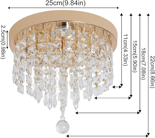 Deckrico Gold Crystal Chandelier Flush Mount Ceiling Light – Modern LED Lighting Fixture for Bedroom, Closet, Bathroom, Hallway – Warm Light