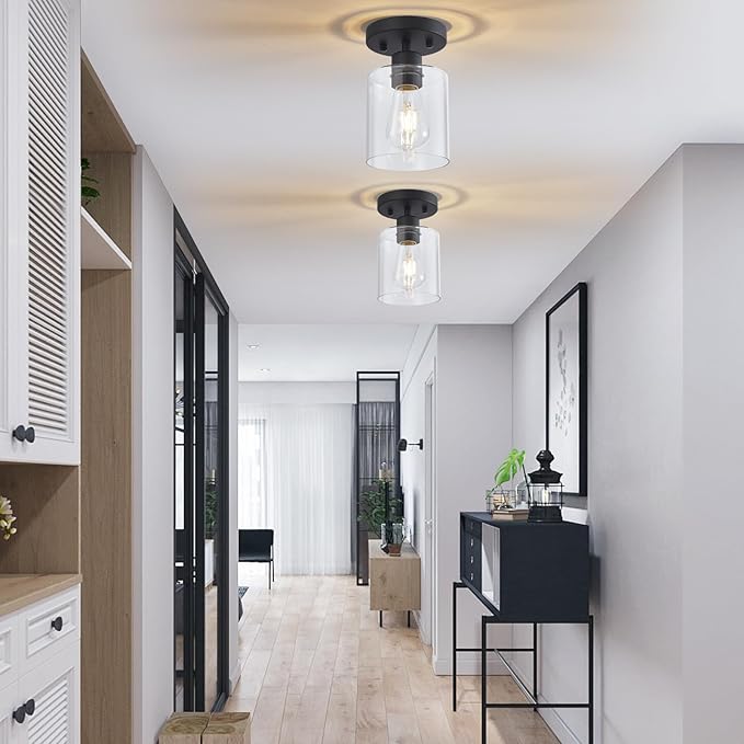 YYT Black Hallway Light Fixtures Ceiling 1-Light Semi Flush Mount Ceiling Light Small Kitchen Cieling Lights Black Hallway Light Fixtures Single Light Fixture with Clear Glass Shade Set of 2