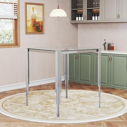 Glass Square Bar Table for 4, 37" Modern High Pub Table with Clear Tempered Glass Top and Polished Silver Stainless Steel Legs, Counter Height Table for Kitchens, Apartments, and Small Spaces
