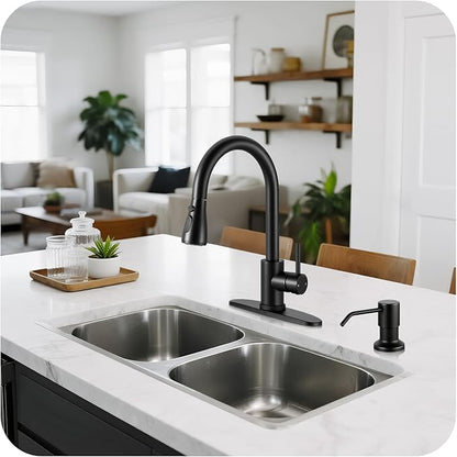 Pull Down Kitchen Faucet with Soap Dispenser - Matte Black Single Handle Kitchen Faucets, High Arc Stainless Steel Pull Out Kitchen Sink Faucet with Deck for RV Laundry Farmhouse Bar