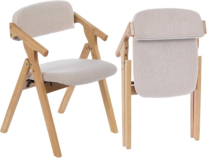 Folding Chairs with Padded Seats,Wooden Stackable Dining Chair,Easy to Store Foldable Dining Chairs for Kitchen, Living Room, Wedding Party Picnic (Beige-1)