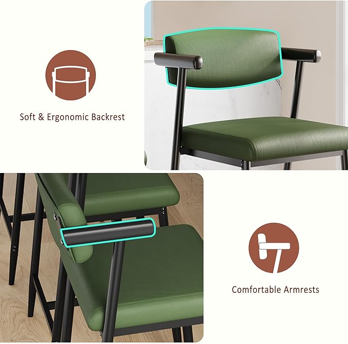 GarveeHome Counter Height Bar Stools Set of 8 with Armrests, 26" Upholstered 8pcs Tall Bar Stools Set, Long Backrest & Extra Thick Cushion, Modern High Barstools for Kitchen Island, Pub, Rustic Green