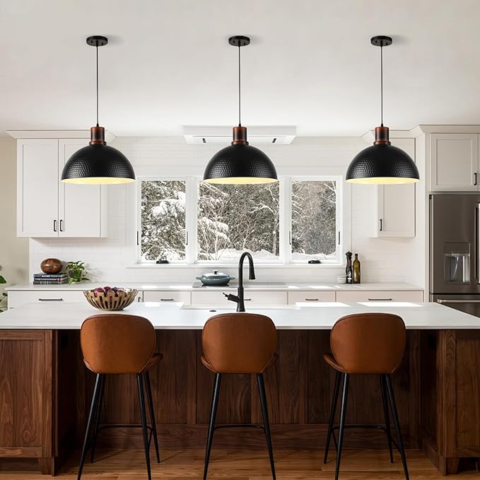 2 Pack Solid Wood Pendant Lights,16" Hammered Metal Black Finish Hanging Lighting Modern Lamp Industrial Dome Ceiling Light Fixtures for Kitchen Island Farmhouse Dining Room
