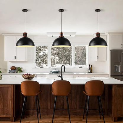 2 Pack Solid Wood Pendant Lights,16" Hammered Metal Black Finish Hanging Lighting Modern Lamp Industrial Dome Ceiling Light Fixtures for Kitchen Island Farmhouse Dining Room