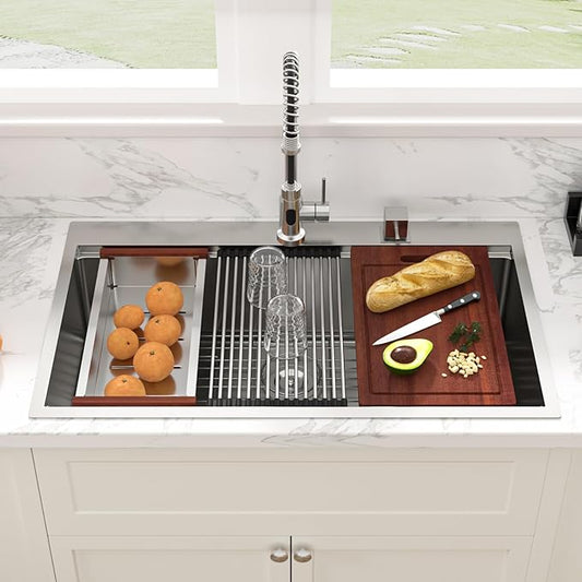Sarlai 36 Inch Drop In Kitchen Sink - 36x22 Drop Kitchen Sink Ledge Workstation 16 Gauge Stainless Steel Sink Topmount Single Bowl Over Counter Kitchen Sinks Basin Round Corners