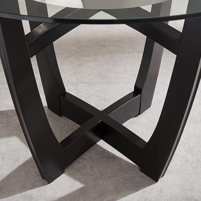 42" Glass Top Round Counter Height Table with Solid Wood Base, 1/2" Thick Tempered Glass, 35.5" High Dining Table