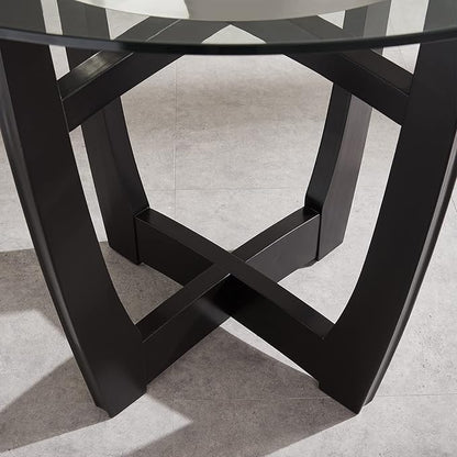 42" Glass Top Round Counter Height Table with Solid Wood Base, 1/2" Thick Tempered Glass, 35.5" High Dining Table