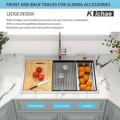Kichae 33 Kitchen Sink Drop In - 33 x 22 Kitchen Sink Ledge Workstation Topmount Drop-In Single Bowl Stainless Steel 16 Gauge Single Bowl