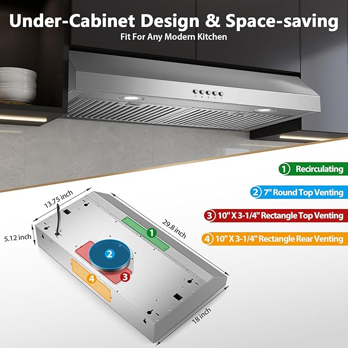 Under Cabinet Range Hood 30 inch, Stainless Steel Kitchen Hood 800CFM, Stove Hood with Push Button Control, Baffle Filters, Ducted/Ductless Convertible Duct