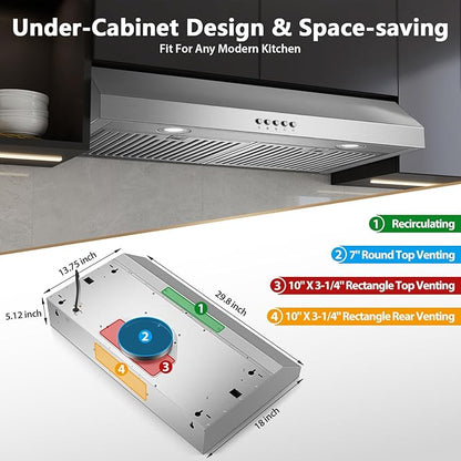 Under Cabinet Range Hood 30 inch, Stainless Steel Kitchen Hood 800CFM, Stove Hood with Push Button Control, Baffle Filters, Ducted/Ductless Convertible Duct
