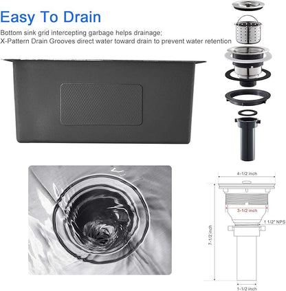 MENATT 20-inch Undermount Kitchen Sink, SUS304 Stainless Steel Handmade Single Bowl Kitchen Sink with Sink Strainer (Brushed), 20"x16"x9"