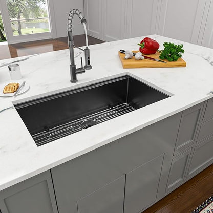 Lordear Matte Black 30 Undermount Kitchen Sink Ledge Workstation T304 16 Gauge Stainless Steel Single Bowl Under Counter Kitchen Sink Basin with Built-in Accessories 30x19x10 Inch
