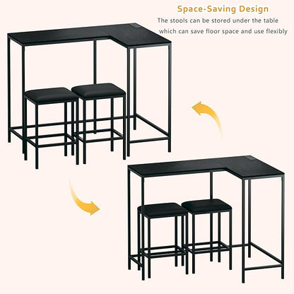 HUAHUU L Shaped Bar Table with Stools, 63‘’ Bar Height Table with Power Outlets, Convertible Corner Counter Height Bar Table with 2 Stools, Rectangular High Top Table for Small Spaces, Breakfast Nook